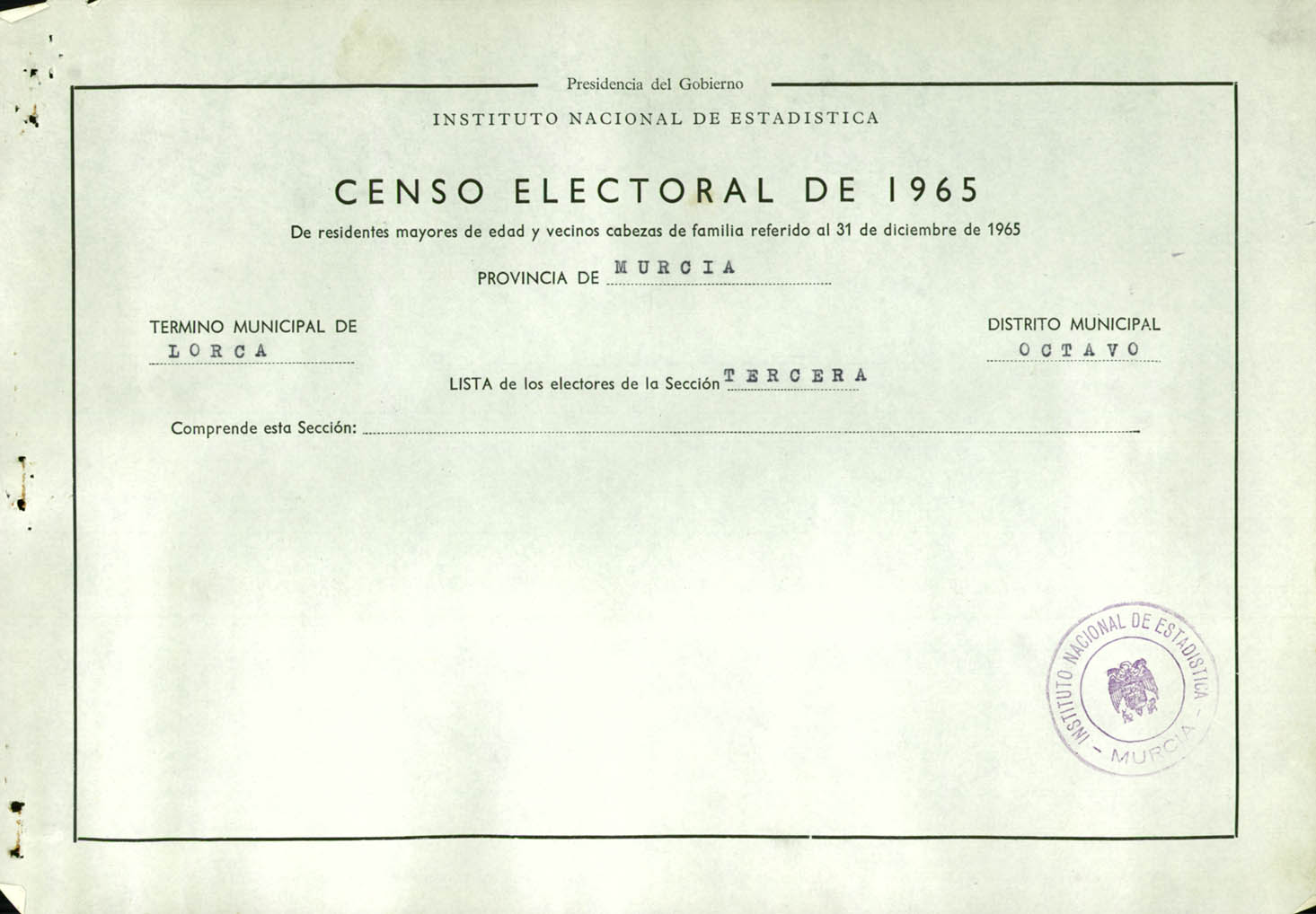 Censo electoral provincial de 1965: listas definitivas de Lorca, Distrito 8º, sección 3ª.